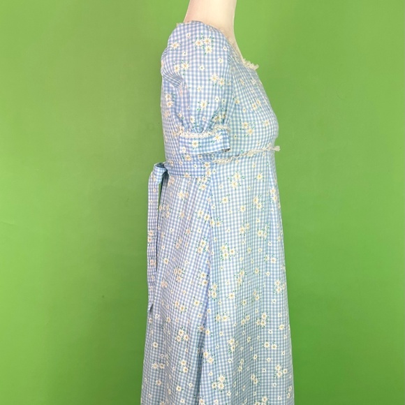 Vintage 60s 70s Blue Gingham Flocked Daisy Empire Waist Dress - Size XS - Picture 6 of 9